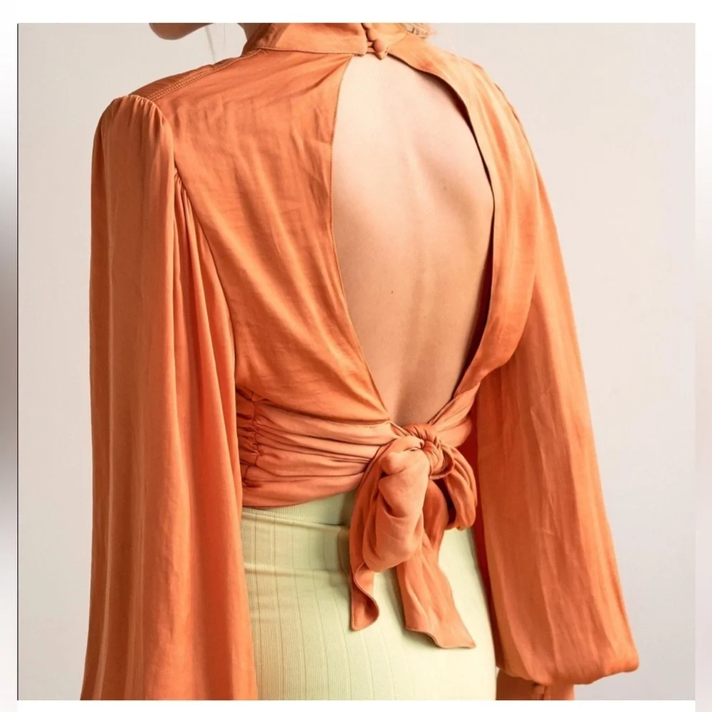 Free People Orange Long-Sleeve Ruched Waist Top - Picture 2 of 10